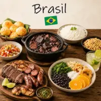 Brazilian Recipes with feijoada grilled meats and tropical dishes on a rustic wooden table with a Brazilian flag