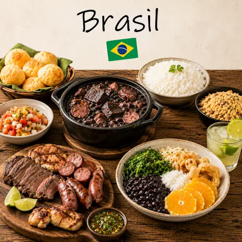 Brazilian Recipes with feijoada grilled meats and tropical dishes on a rustic wooden table with a Brazilian flag