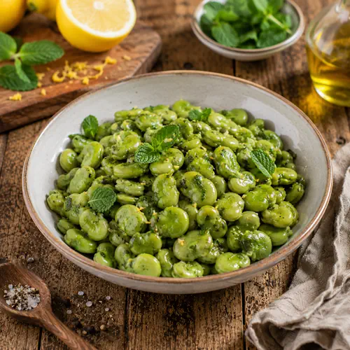 Minted Broad Bean Salad with fresh broad beans, mint, preserved lemon, and olive oil served in a rustic bowl.