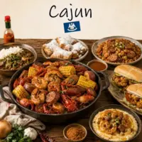 Cajun Recipes with gumbo jambalaya and Louisiana specialties on a rustic wooden table