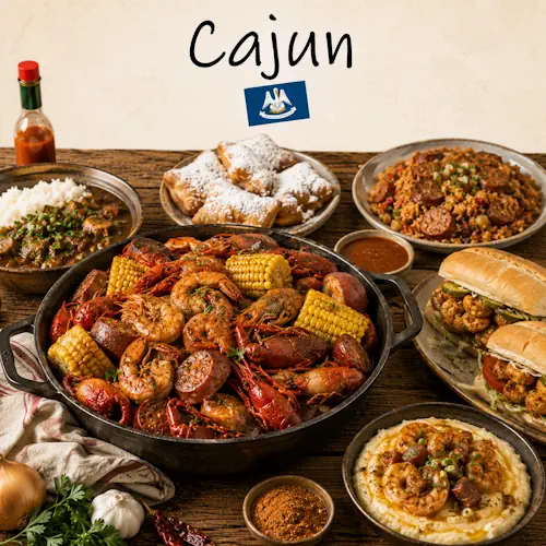 Cajun Recipes with gumbo jambalaya and Louisiana specialties on a rustic wooden table