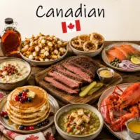Canadian Recipes with poutine seafood specialties and traditional Canadian dishes on a rustic wooden table with a Canadian flag