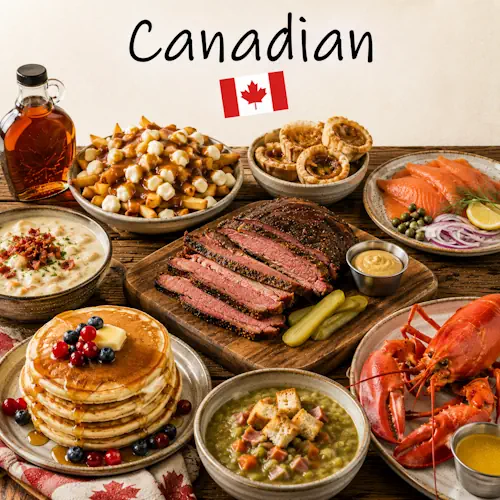 Canadian Recipes with poutine seafood specialties and traditional Canadian dishes on a rustic wooden table with a Canadian flag