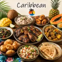 Caribbean Recipes with jerk chicken seafood and tropical island dishes on a rustic wooden table