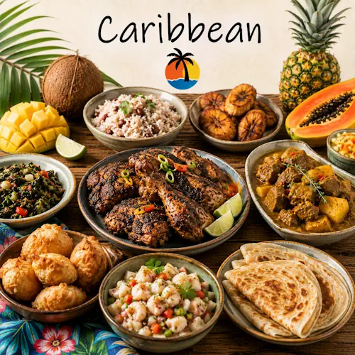 Caribbean Recipes with jerk chicken seafood and tropical island dishes on a rustic wooden table