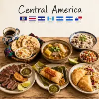 Central America Recipes with traditional regional dishes tropical fruits and seafood on a rustic wooden table