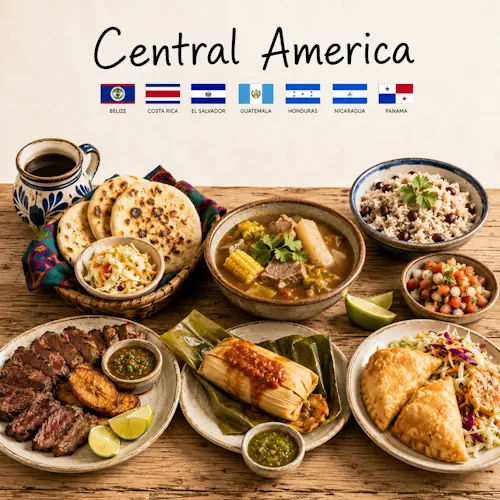 Central America Recipes with traditional regional dishes tropical fruits and seafood on a rustic wooden table