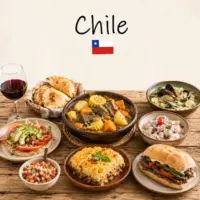 Chile Recipes with empanadas seafood specialties and traditional Chilean dishes on a rustic wooden table with a Chilean flag