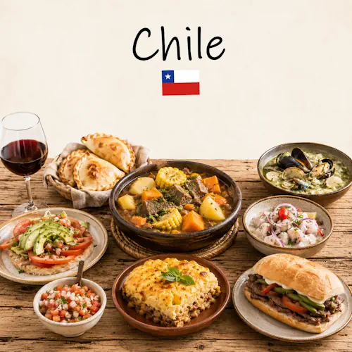 Chile Recipes with empanadas seafood specialties and traditional Chilean dishes on a rustic wooden table with a Chilean flag