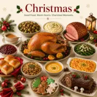 Christmas Recipes with festive holiday dinners seasonal desserts baked treats and celebration foods on a rustic wooden table