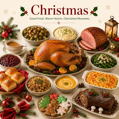 Christmas Recipes with festive holiday dinners seasonal desserts baked treats and celebration foods on a rustic wooden table