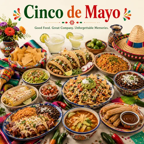 Cinco de Mayo Recipes with tacos nachos festive appetizers colorful party foods and Mexican-inspired dishes on a rustic wooden table