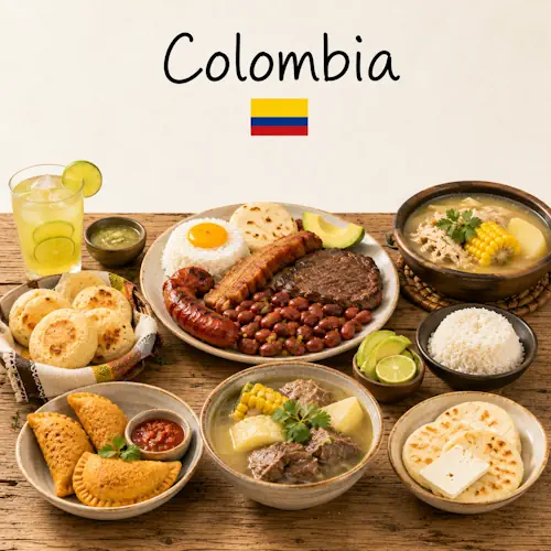 Colombian Recipes with arepas bandeja paisa and traditional Colombian dishes on a rustic wooden table with a Colombian flag