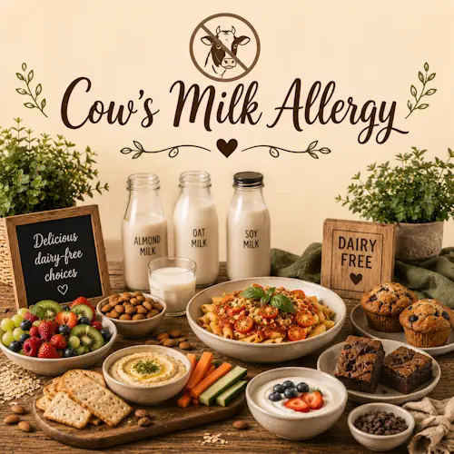Cow’s Milk Allergy Recipes with dairy-free meals, fresh ingredients and allergy-friendly dishes on a rustic wooden table