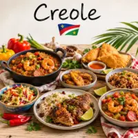 Creole Recipes with gumbo jambalaya seafood dishes and traditional Creole specialties on a rustic wooden table