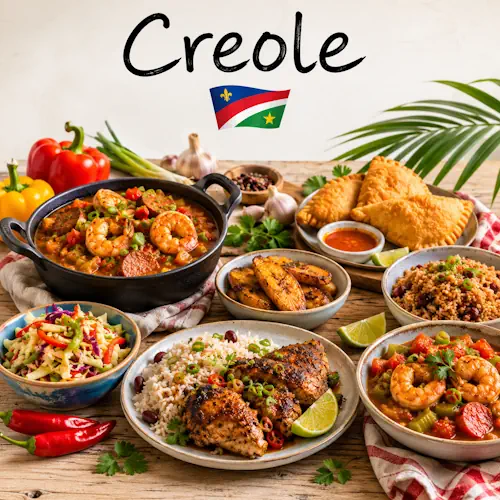 Creole Recipes with gumbo jambalaya seafood dishes and traditional Creole specialties on a rustic wooden table