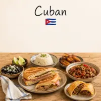 Cuban Recipes with roast pork rice dishes and traditional Cuban specialties on a rustic wooden table with a Cuban flag