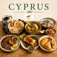 Cyprus Recipes featuring authentic Cypriot Cuisine with halloumi grilled dishes and Mediterranean specialties on a rustic wooden table