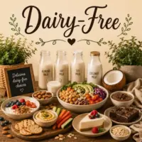 Dairy-Free Recipes with healthy meals, dairy-free desserts, plant-based ingredients and milk-free dishes on a rustic wooden table