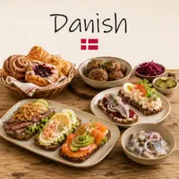 Danish Cuisine with smørrebrød seafood rye bread and traditional Danish dishes on a rustic wooden table with a Danish flag
