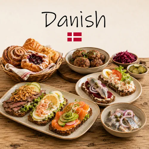 Danish Cuisine with smรธrrebrรธd seafood rye bread and traditional Danish dishes on a rustic wooden table with a Danish flag