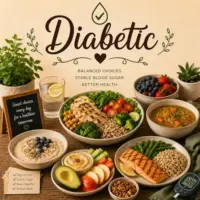Diabetic Recipes with balanced meals healthy ingredients nutritious snacks and diabetes-friendly dishes on a rustic wooden table