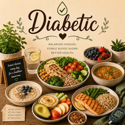 Diabetic Recipes with balanced meals healthy ingredients nutritious snacks and diabetes-friendly dishes on a rustic wooden table