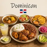 Dominican Cuisine with rice dishes plantains tropical fruits and traditional Dominican specialties on a rustic wooden table with a Dominican flag