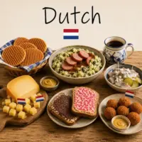 Dutch Cuisine with stamppot pancakes seafood dishes and traditional Dutch specialties on a rustic wooden table with a Dutch flag