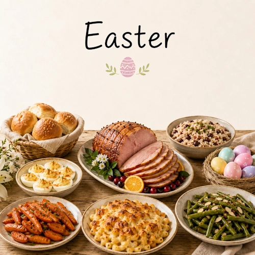 Easter Recipes with festive brunch dishes seasonal desserts spring ingredients and family celebration meals on a rustic wooden table