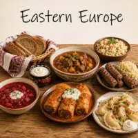 Eastern European Cuisine with dumplings stews soups and traditional regional dishes on a rustic wooden table