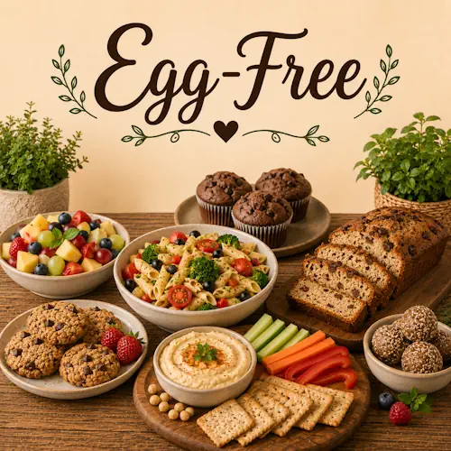 Egg-Free Recipes with family meals baked treats desserts and recipes without eggs on a rustic wooden table