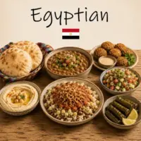Egyptian Cuisine with koshari grilled meats traditional dishes and authentic Egyptian flavors on a rustic wooden table with an Egyptian flag