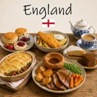 English Cuisine with roast beef fish and chips traditional pies and classic English dishes on a rustic wooden table with an English flag