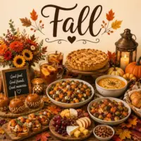 Fall Recipes with pumpkins, apples, soups and seasonal autumn dishes on a rustic wooden table
