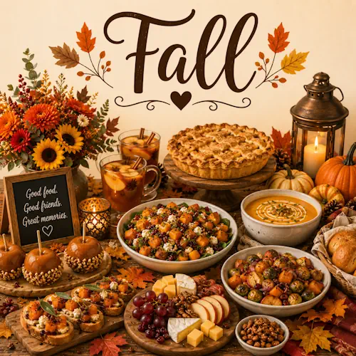 Fall Recipes with pumpkins, apples, soups and seasonal autumn dishes on a rustic wooden table
