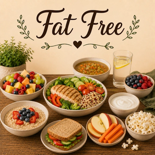 Fat-Free Recipes with healthy meals fresh ingredients nutritious dinners and low-fat food ideas on a rustic wooden table