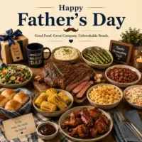 Father's Day Recipes with barbecue food, grilled meats and family favorites on a rustic wooden table