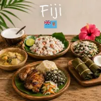 Fijian Cuisine with seafood coconut dishes tropical fruits and traditional Fiji specialties on a rustic wooden table with a Fijian flag