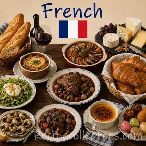 French Cuisine with classic French dishes pastries cheeses and regional specialties on a rustic wooden table with a French flag