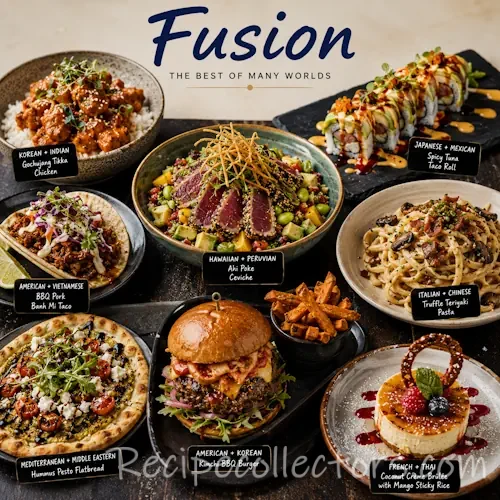 Fusion Cuisine with creative international dishes combining flavors and ingredients from around the world on a rustic wooden table