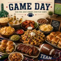 Game Day Recipes with snacks, wings, sliders and party food on a rustic wooden table