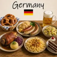 German Cuisine with schnitzel bratwurst fresh bread and traditional German dishes on a rustic wooden table with a German flag