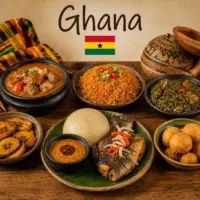 Ghanaian Cuisine with jollof rice fufu grilled specialties and traditional Ghana dishes on a rustic wooden table with a Ghanaian flag