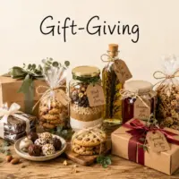 Gift-Giving Recipes with homemade cookies, jams, baked treats, and edible gifts beautifully wrapped on a rustic wooden table.