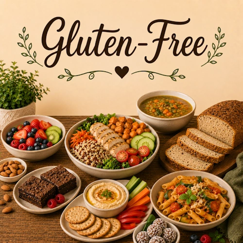 Gluten-Free Recipes with healthy meals wheat-free dishes baked treats and family dinners on a rustic wooden table