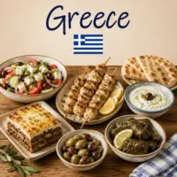 Greek Cuisine with moussaka souvlaki feta cheese and Mediterranean specialties on a rustic wooden table with a Greek flag