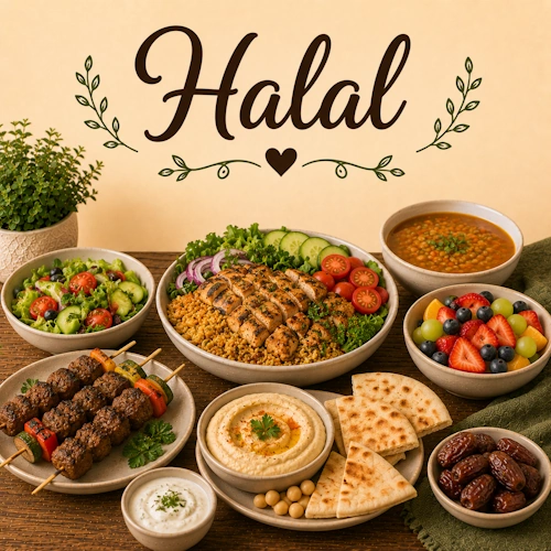 Halal Recipes with traditional family meals, international dishes and Islamic dietary recipes on a rustic wooden table