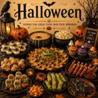 Halloween Recipes with spooky snacks themed desserts festive party foods and creative holiday treats on a rustic wooden table