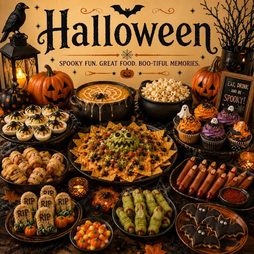 Halloween Recipes with spooky snacks themed desserts festive party foods and creative holiday treats on a rustic wooden table